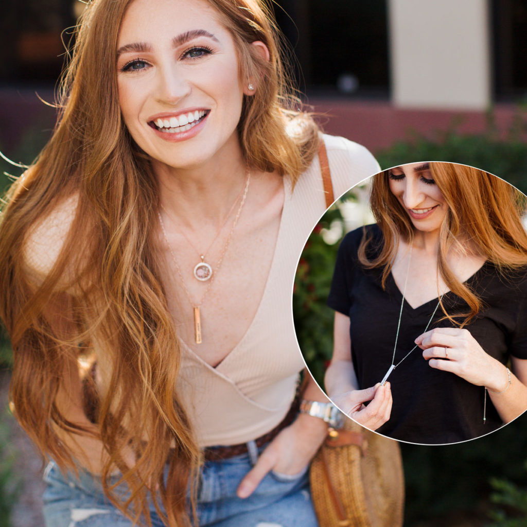 Red head model wearing Origami Owl inscriptions in rose gold 